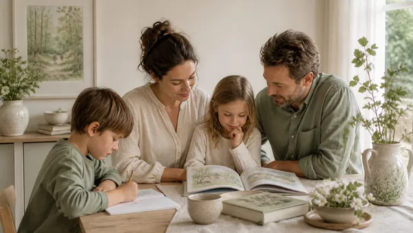 A parent and child sitting together at a wooden kitchen table, signing a piece of paper with a pen, surrounded by books and a simple brick phone, warm natural light