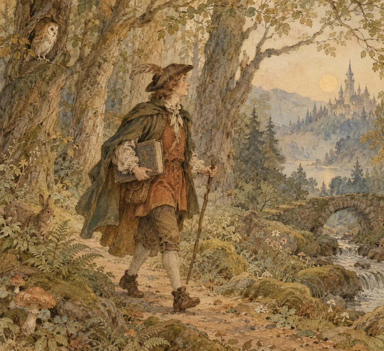 Watercolor of a young traveler carrying a book along a forest path, with a castle in the distance
