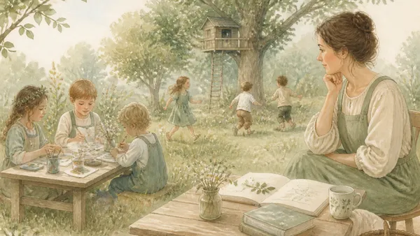 Two children sitting together at a wooden table, one drawing in a colorful book while the other laughs and points at the page