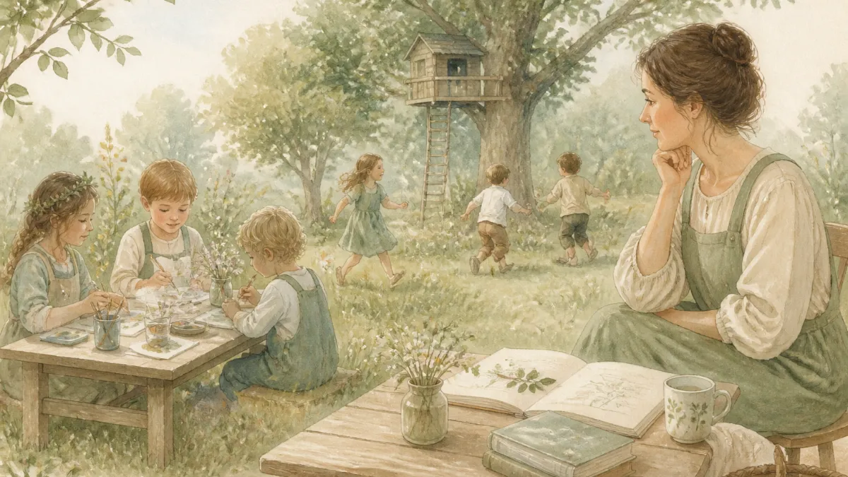 Two children sitting together at a wooden table, one drawing in a colorful book while the other laughs and points at the page