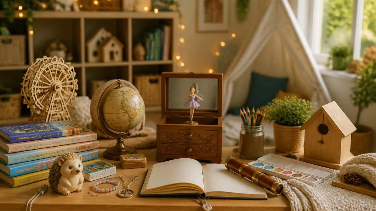 A beautifully illustrated open friend book lying on a wooden table surrounded by colourful pencils, pressed flowers, and handwritten notes, evoking a slow, meaningful childhood