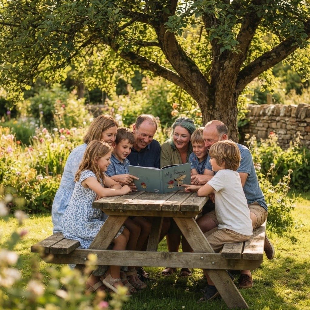 A family gathered around a picnic table in a garden, looking together at an open My Friends Book