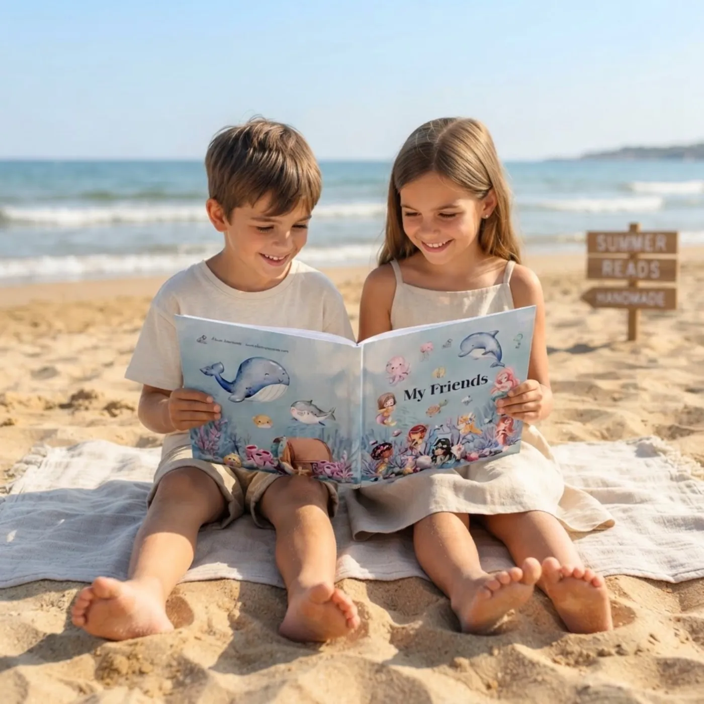 Two children on the beach sharing a Mermaids edition of My Friends Book