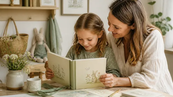 A beautifully illustrated friendship book open on a wooden table, surrounded by coloured pencils and children's handwritten notes and drawings