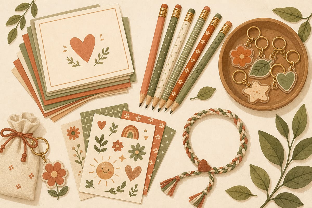 End-of-year class gifts: handwritten cards, personalized pencils, name keychains, and a friendship bracelet