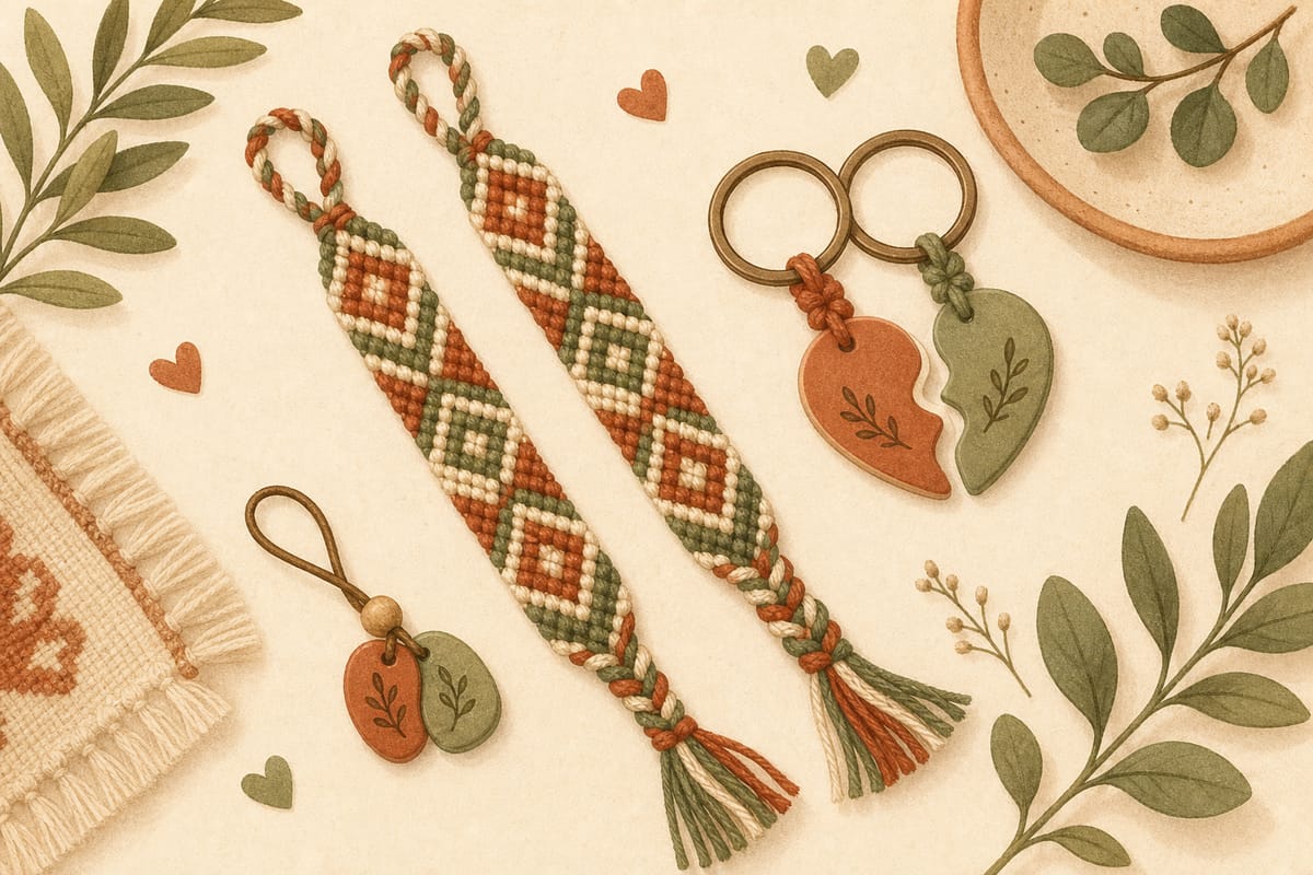 Matching handmade friendship bracelets and paired keychains for two best friends