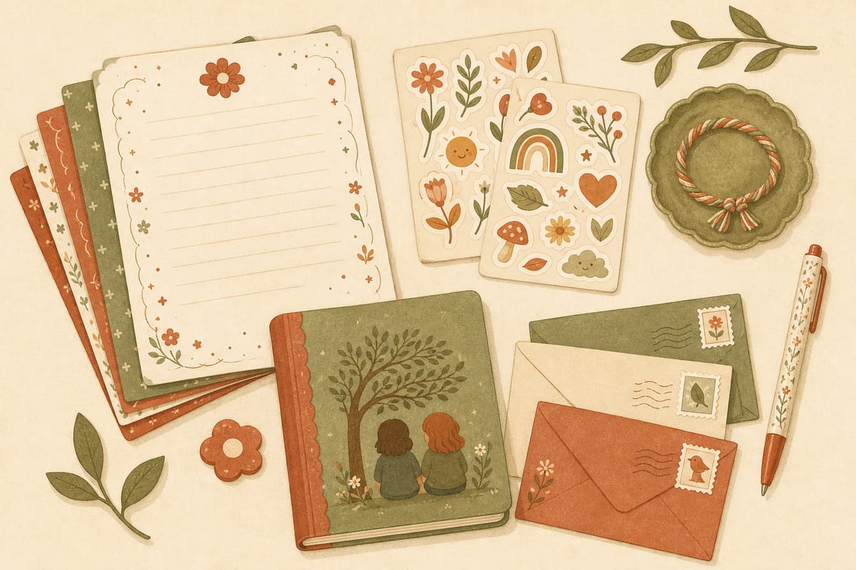 A kids' stay-in-touch stationery kit with pretty paper, stickers, and pre-stamped envelopes