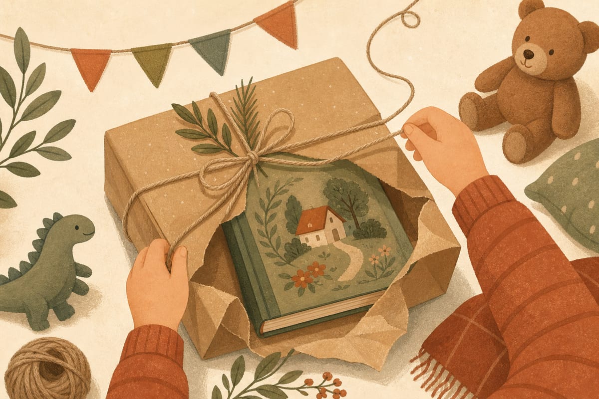 A child unwrapping a kraft-paper birthday present to find a keepsake book inside