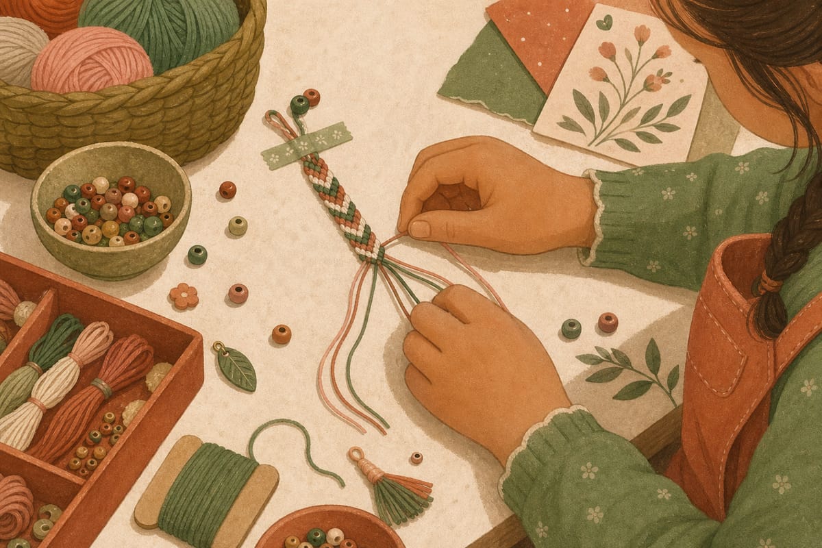 A child weaving a friendship bracelet from embroidery floss and beads, a screen-free craft