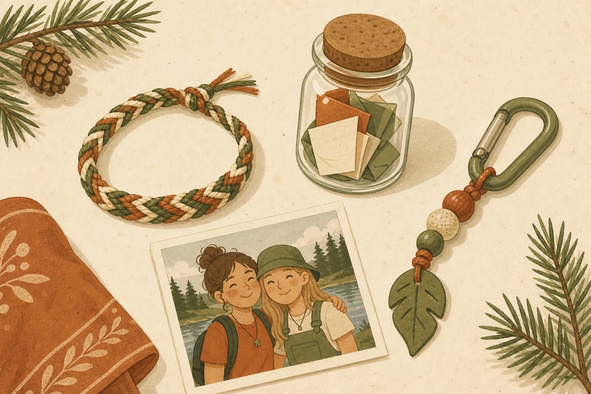 Summer camp keepsakes: a friendship bracelet, a carabiner charm, a memory jar of folded notes, and a printed photo of two camp friends